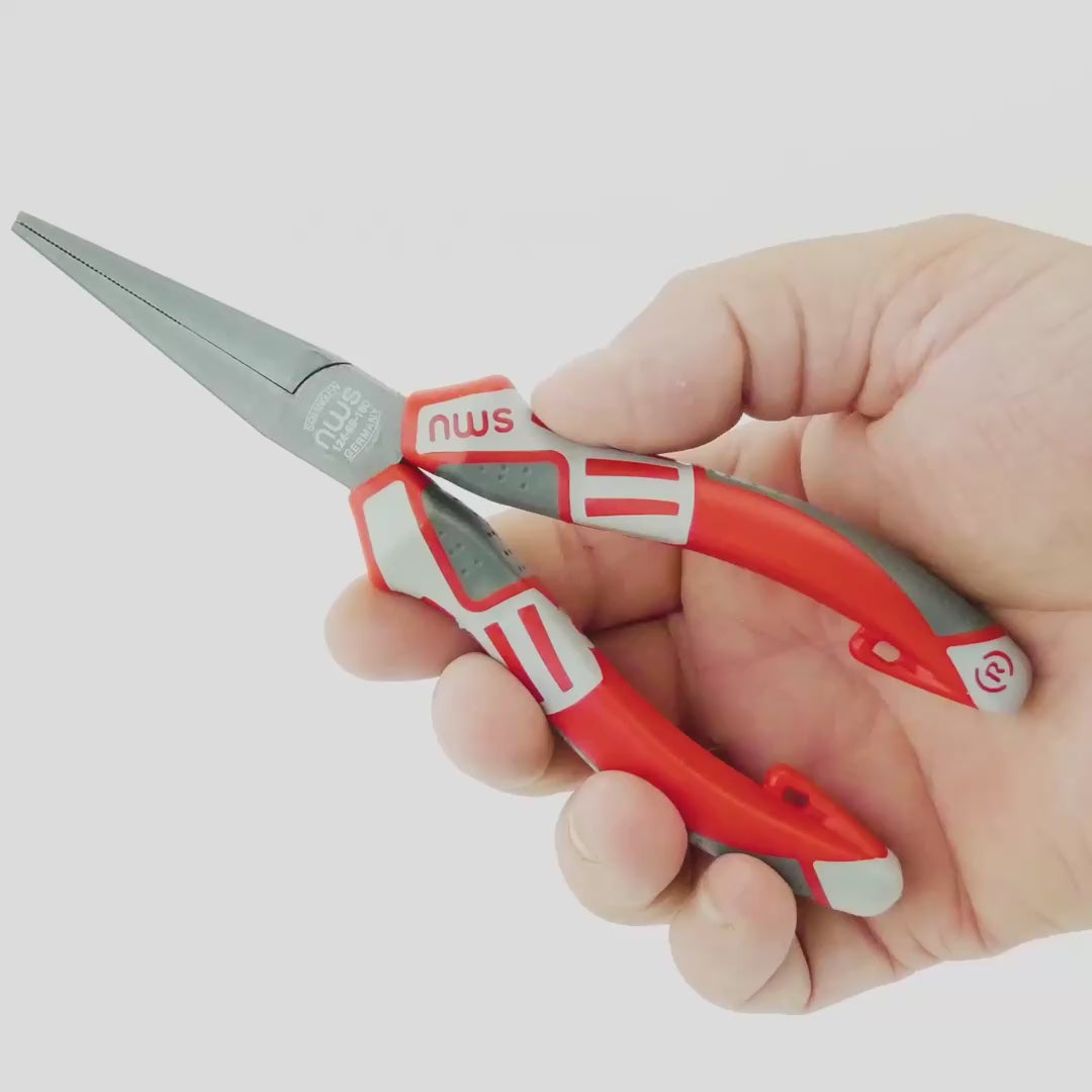 Load video: NWS 6.25" Long Flat Nose Pliers - TitanFinish - SoftGripp, Tethered Attachment