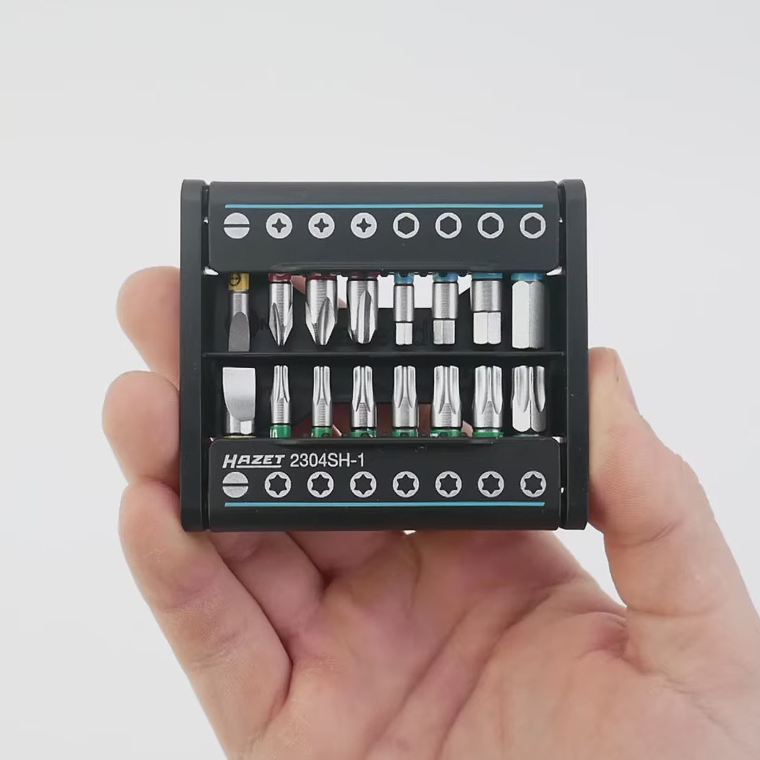 Load video: Hazet 2304SH-1 SmartHolder Hex/PH/Torx/Slotted Bit Set, 16 Pieces
