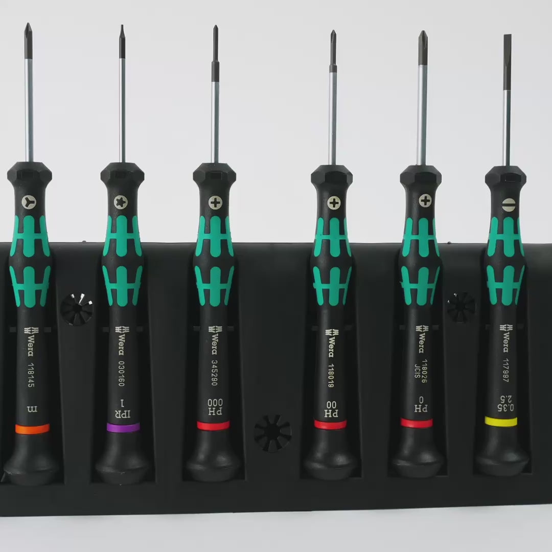 Load video: Wera 030181 Slotted/Phillips/M/Torx Micro Screwdriver Set + Rack