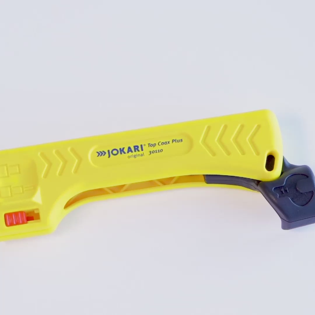 Load video: Jokari TOP-Coax Plus Coaxial Cable Stripper with Integrated Wrench