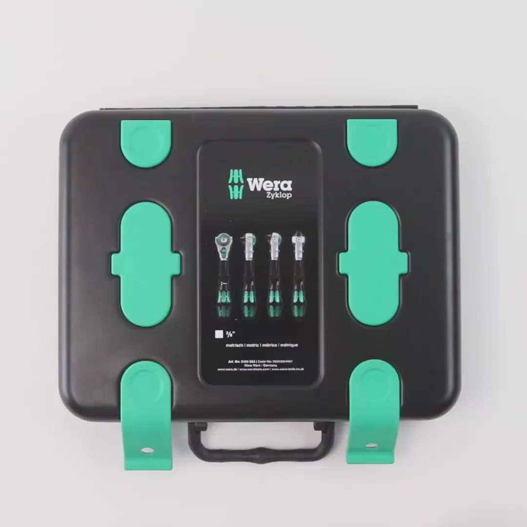 Load video: Wera 003594 Zyklop Ratchet Premium 3/8" Drive Metric Set