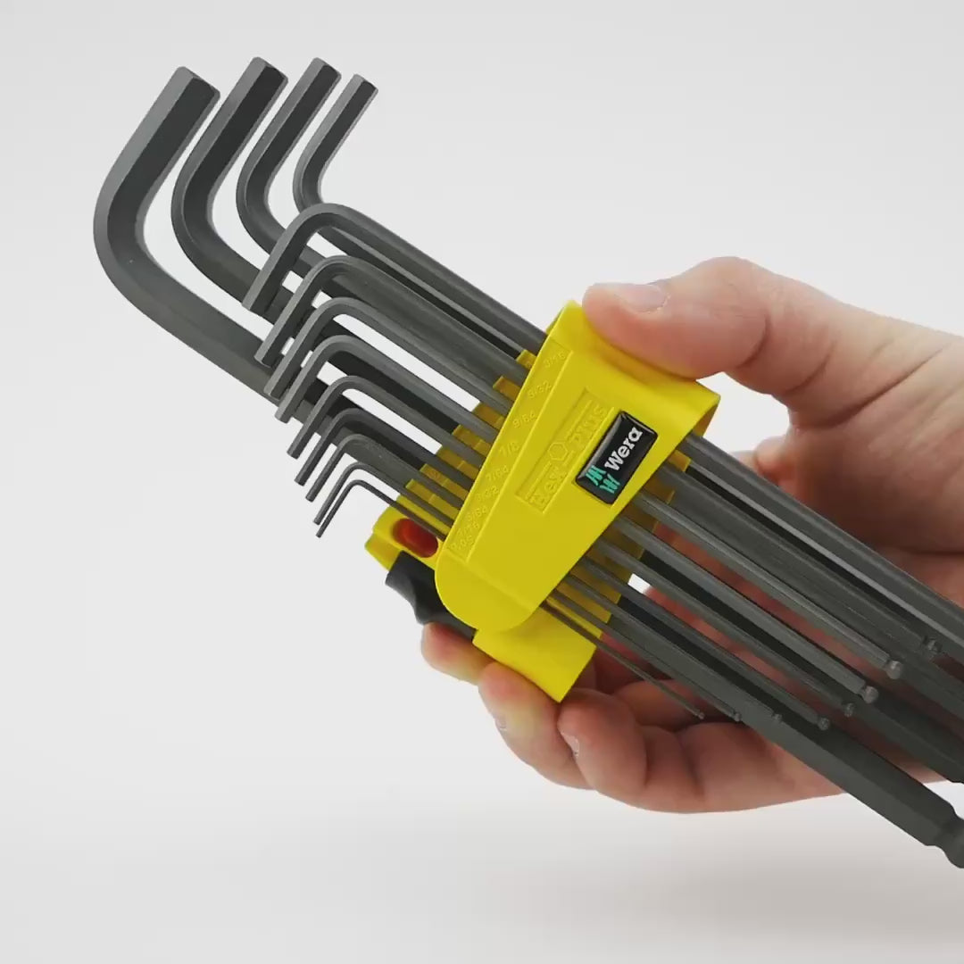 Load video: Wera 021728 Hex + Ball End Hex SAE L-key Clip Set, 13 Pieces