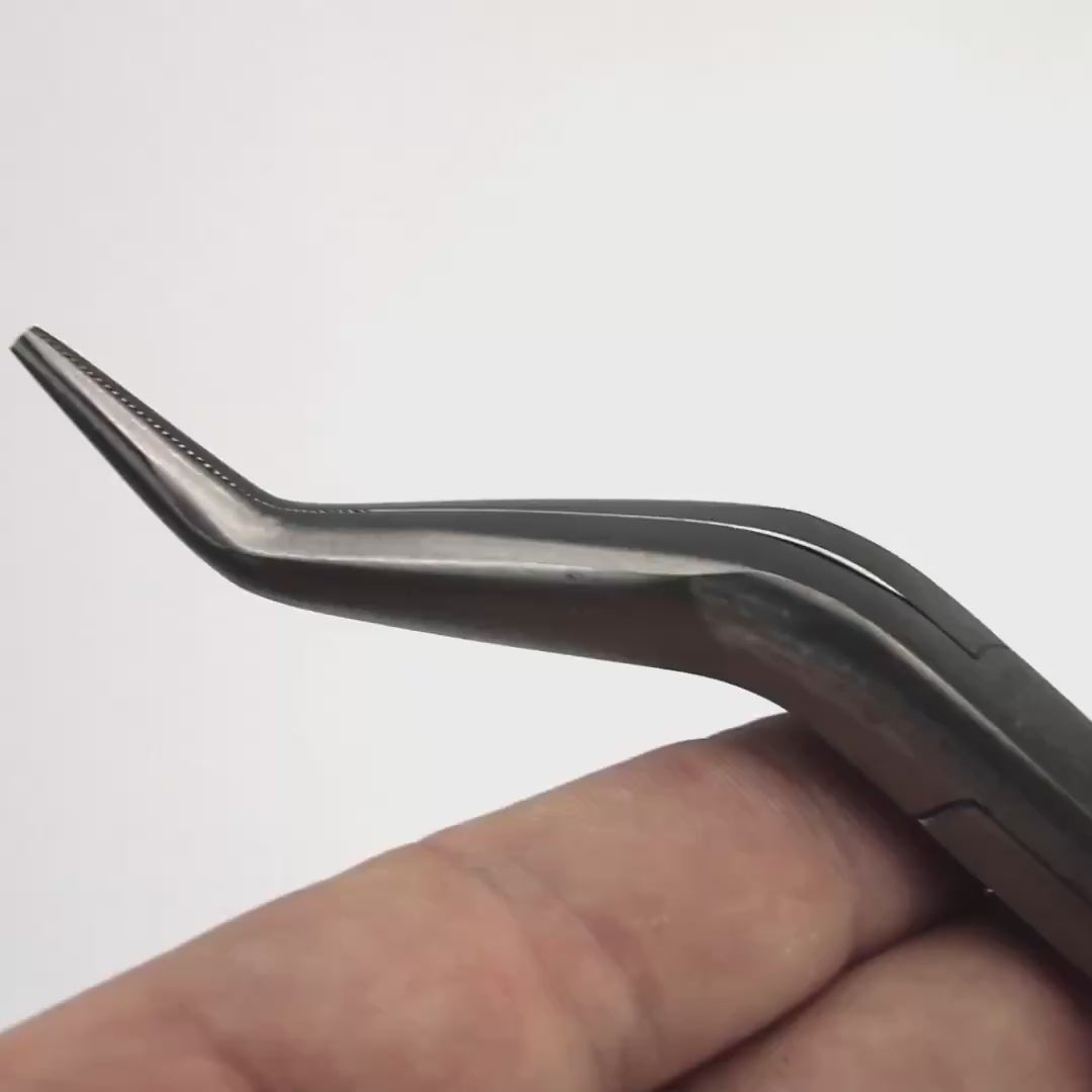 Load video: Knipex 8" Mechanic's Double Angle Long Nose Pliers w/o Cutter - Plastic Grip, A Pattern