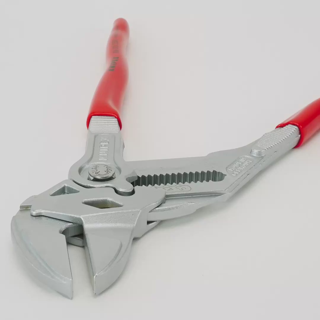 Load video: Knipex 10" Pliers Wrench - Chrome Plastic Grip