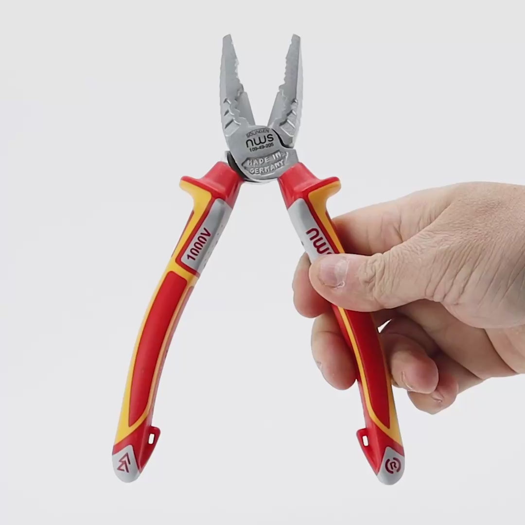 Load video: NWS 8" High Leverage Combination Pliers CombiMax VDE - Matte Chromium - SoftGripp, Tethered Attachment