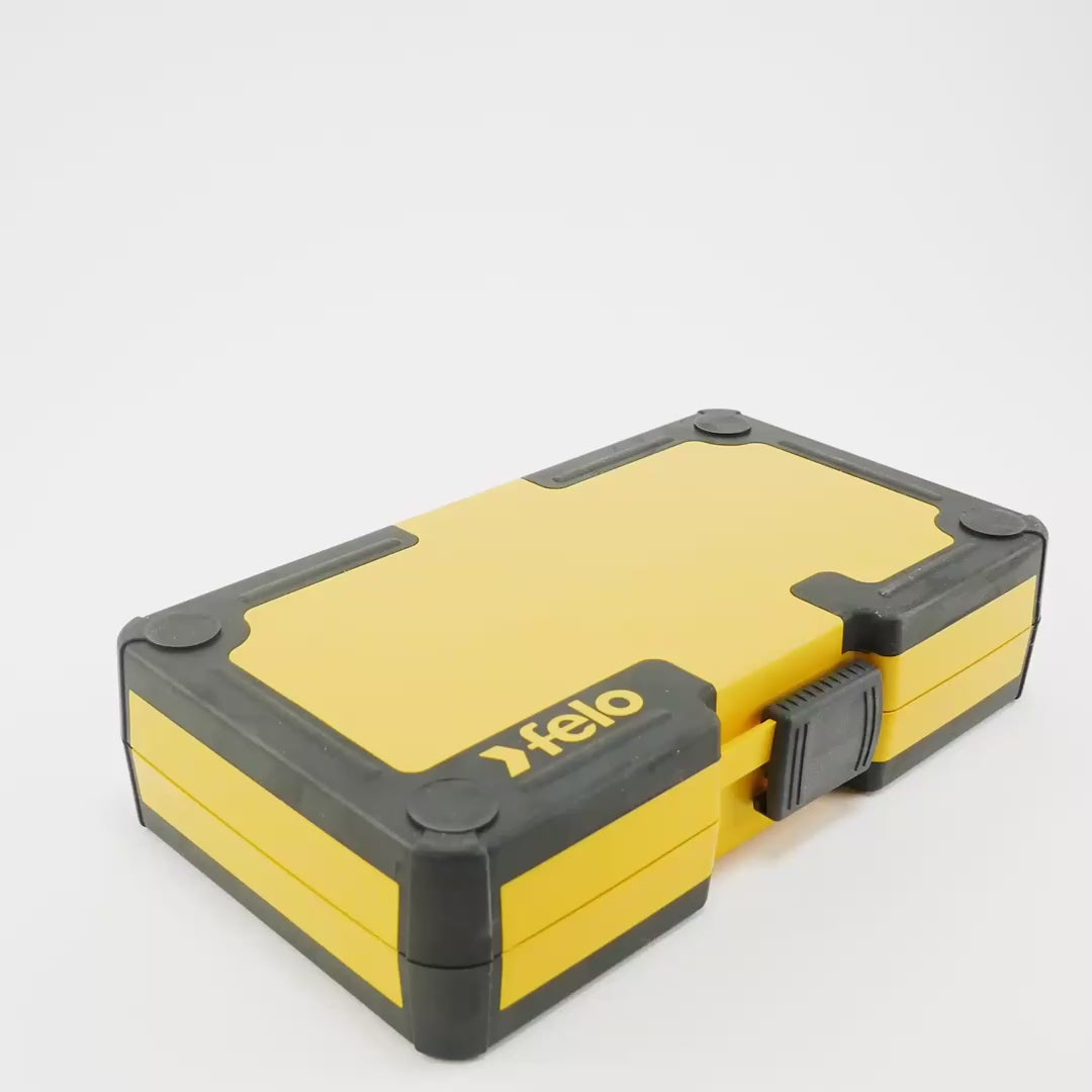 Load video: Felo R-GO 27 27pc Box Sockets, Ergonic Ratchet, Inch/Metric