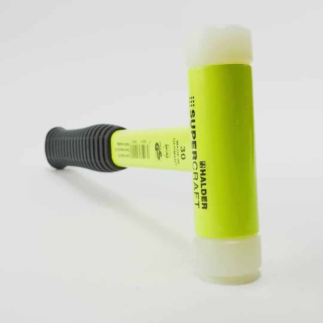 Load video: Halder Supercraft HI-VIZ Dead Blow, Non-Rebounding Hammer with Nylon Face Inserts and Steel Housing, 1.18" / 20.64 oz.