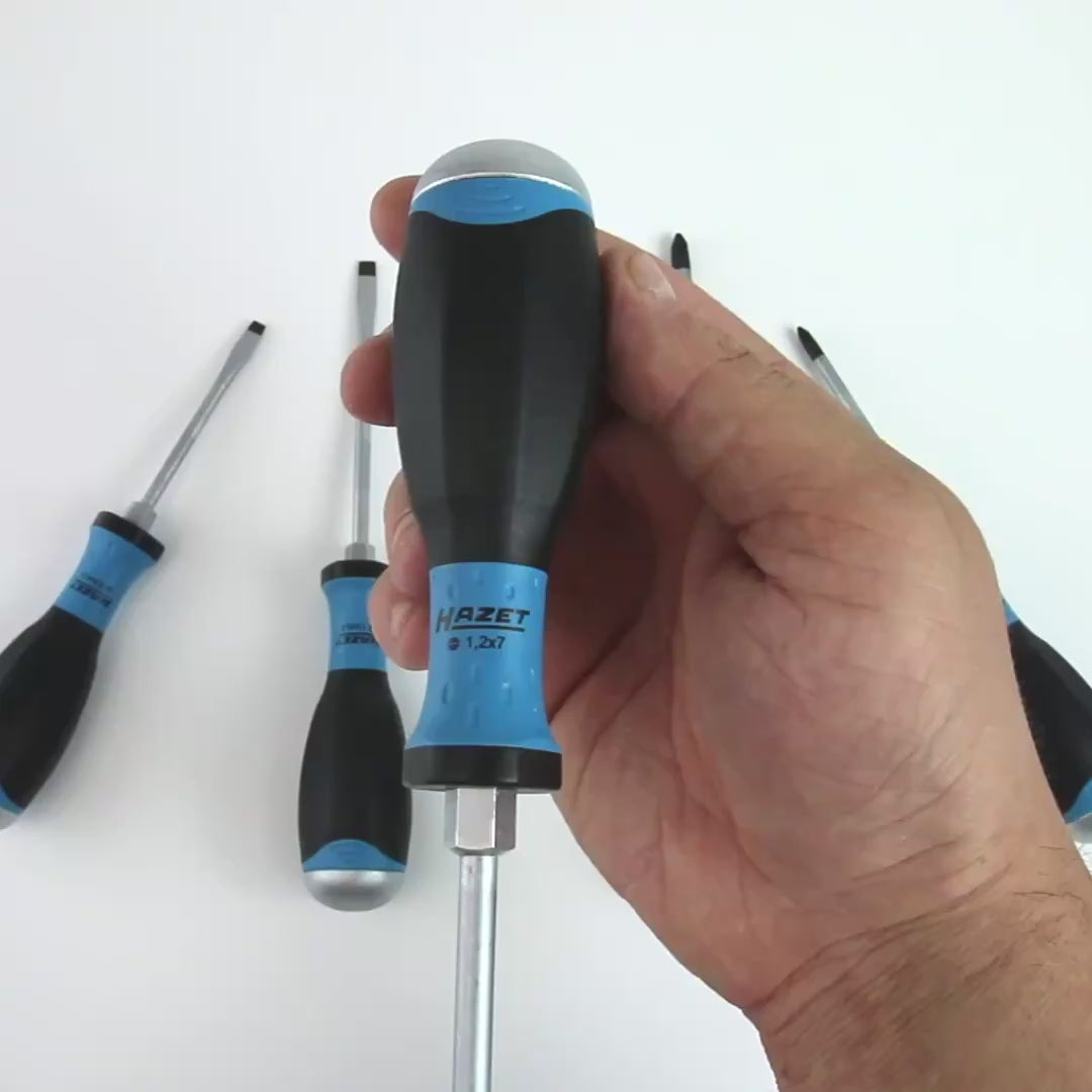 Load video: Hazet 810U-1/5 Screwdriver Set with Striking Caps - Phillips and Slotted, 5 Pieces