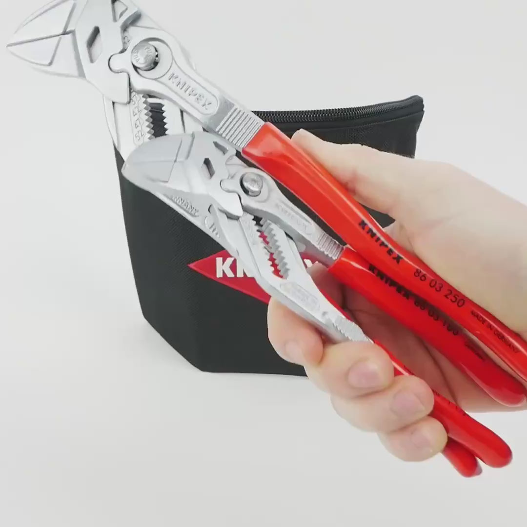 Load video: Knipex 2 Pc Pliers Wrench Set With Keeper Pouch, 7" &amp; 10" - Plastic Grip