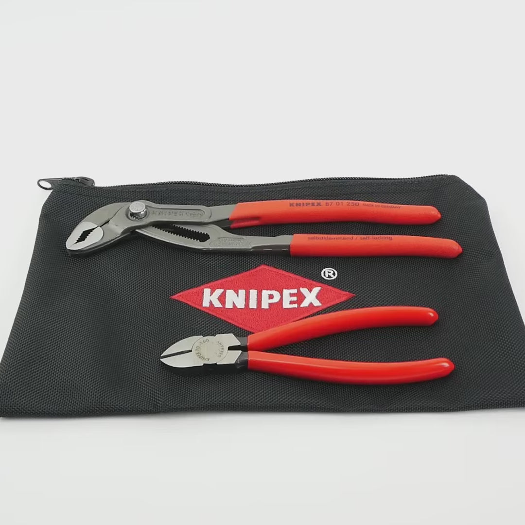 Load video: Knipex 10" Cobra / 6.3" Diagonal Cutter Set with Keeper, 3 Pieces