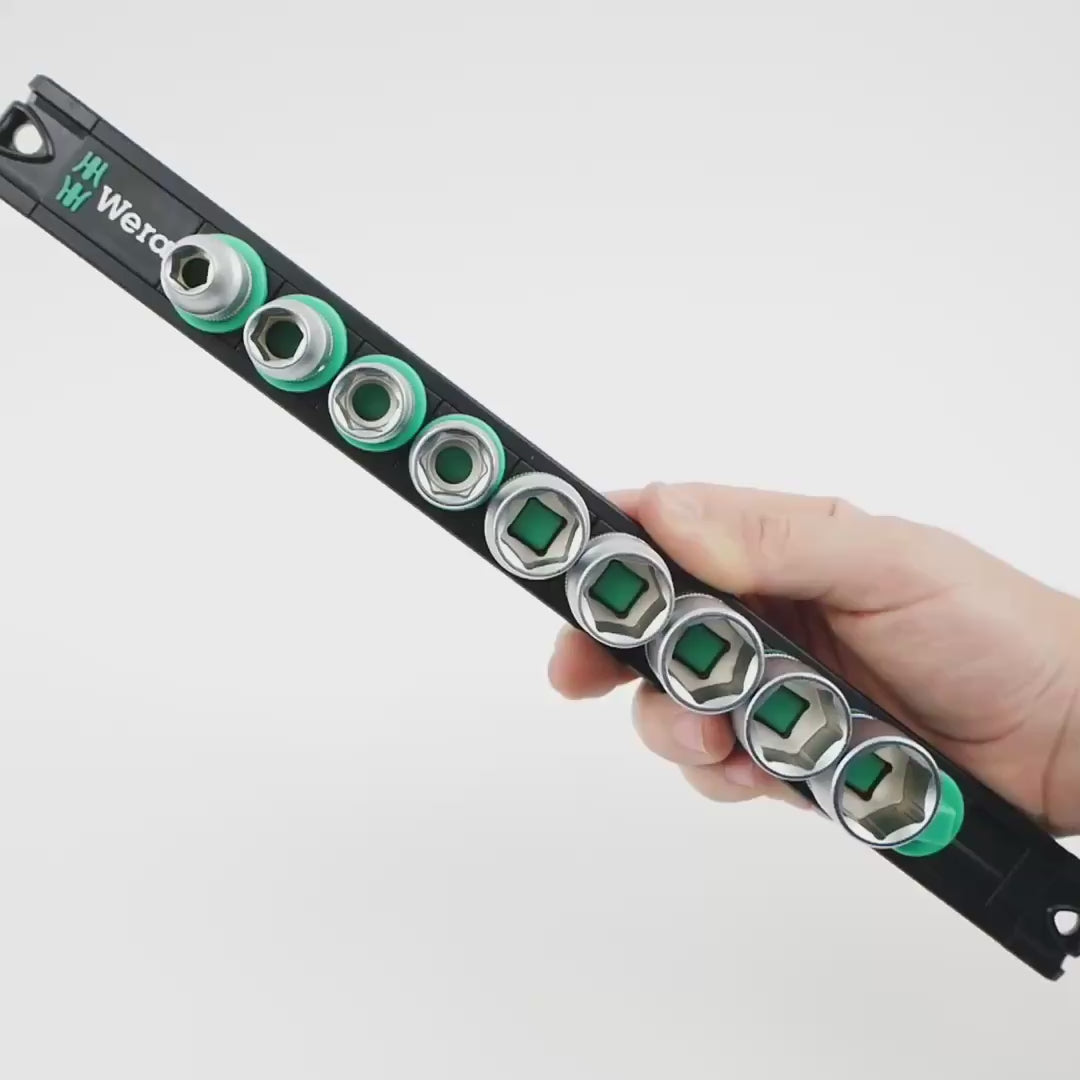 Load video: Wera 005430 Metric 3/8" Drive Zyklop Socket Set with Magnetic Holder, 9 Pieces