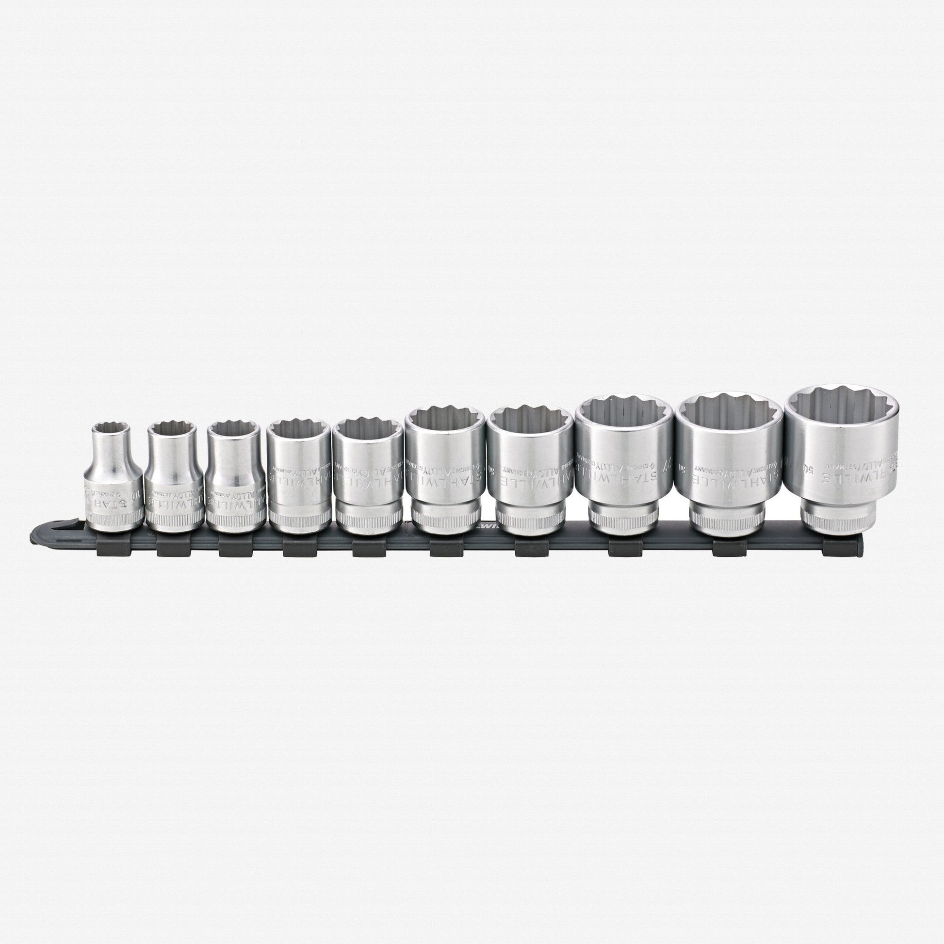Stahlwille 12918/10-50 Outside Hex Socket Set on Plastic Socket Strip, Metric, 1/2" Drive, 10-32mm, 11 Pieces - ST96053010 - KC Tool