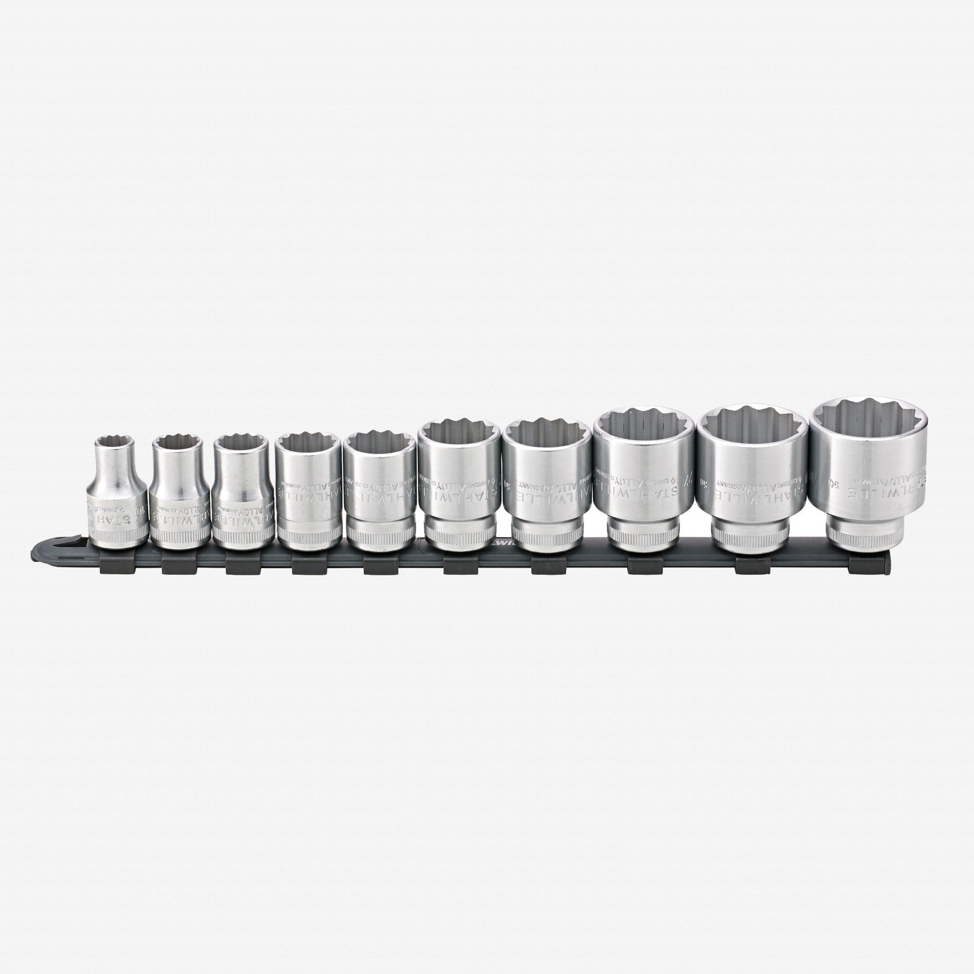 Stahlwille 12918/10-50 Outside Hex Socket Set on Plastic Socket Strip, Metric, 1/2" Drive, 10-32mm, 11 Pieces - ST96053010 - KC Tool