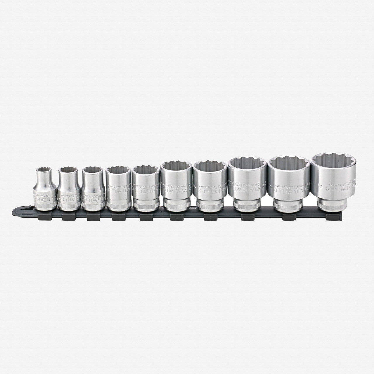 Stahlwille 12918/10 - 50 Outside Hex Socket Set on Plastic Socket Strip, Metric, 1/2" Drive, 10 - 32mm, 11 Pieces - ST96053010 - KC Tool